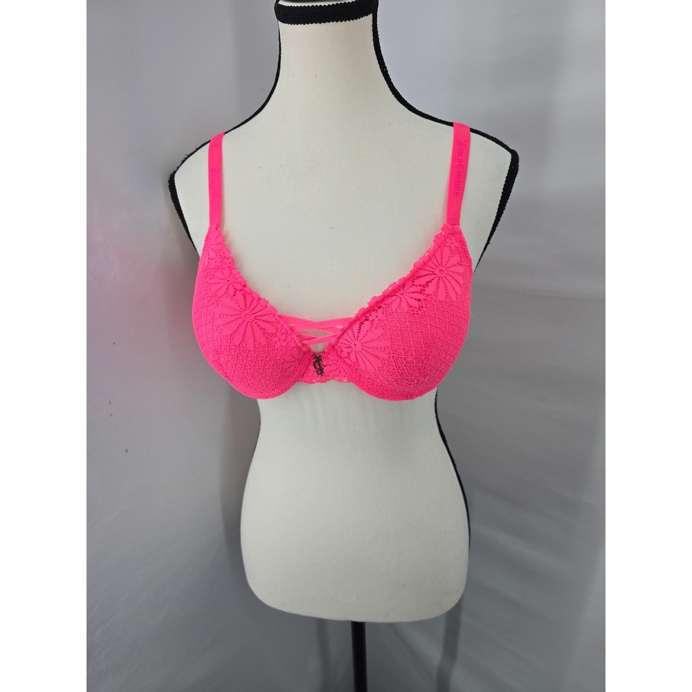 Juicy Couture Neon Pink Lace Push Up Bra 34C Floral Logo Charm 5250-28